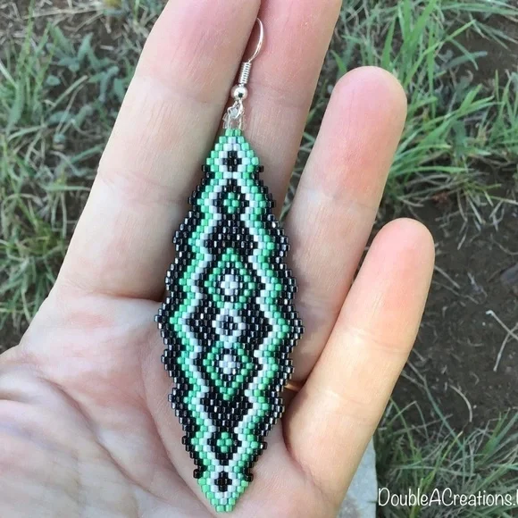 Mint Green, Black and Gunmetal Southwest Beaded Earrings, New, Handmade by Me - Picture 7 of 7